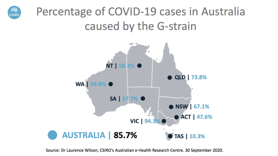 Infographic showing the number of G-strain in COVID-19 cases in Australia. 