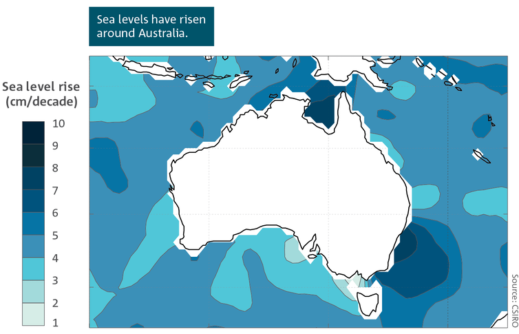 A map of Australia showing areas where sea level is rising.