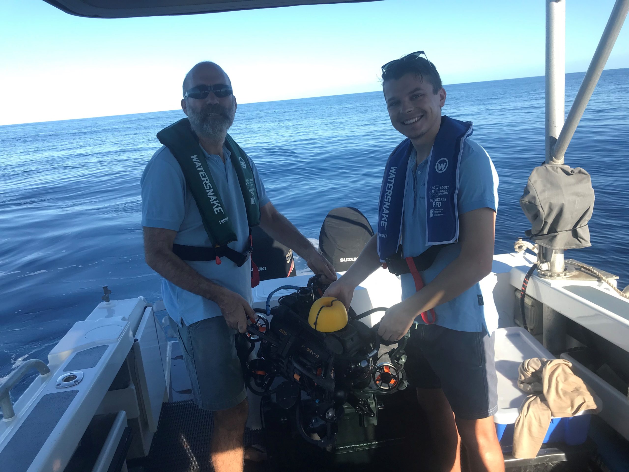 Logan Hellmrich and Nick Mortimer about to deploy an ROV to look at deepwater habitat