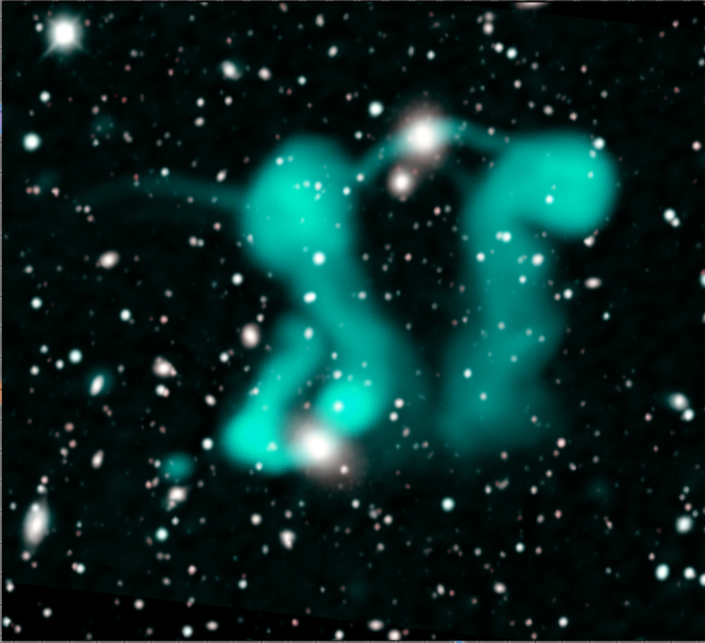 An image of deep space with points of light from many galaxies has two very bright points of light from which flow gas that takes the shape of two ghostly figures, imagined to be dancing. 