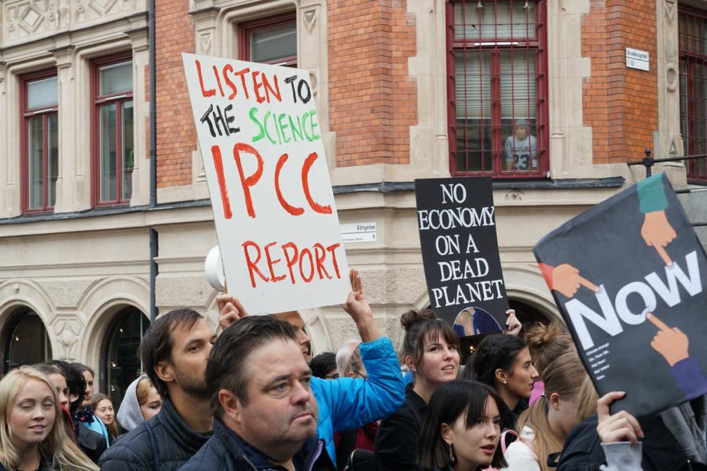 Image of a person holding a sign in a crowd of protestors. The sign reads "Listen to the science IPCC report".