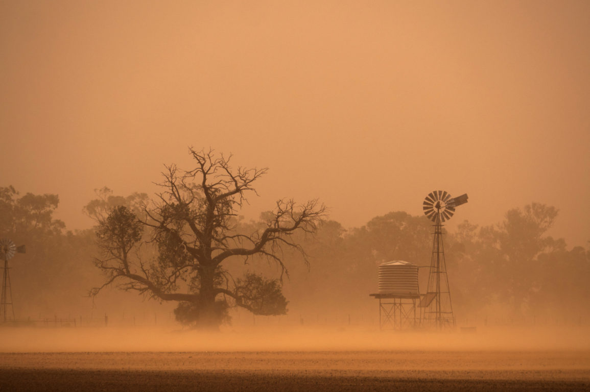 A dust storm going through a farm