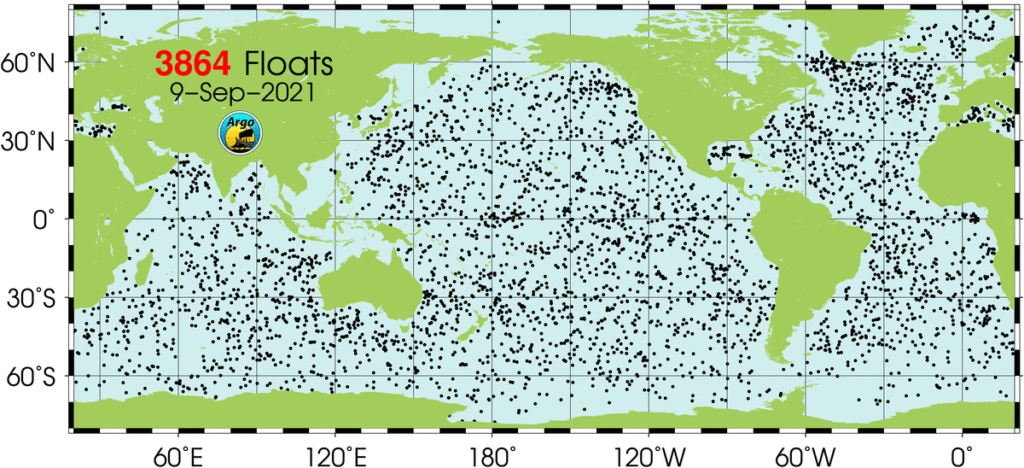 Black dots on a green and blue world map show the distribution of 3864 floats.