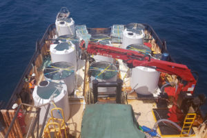 Birds eye view of the back of a large research ship. It has white tanks and a red crane on the right.