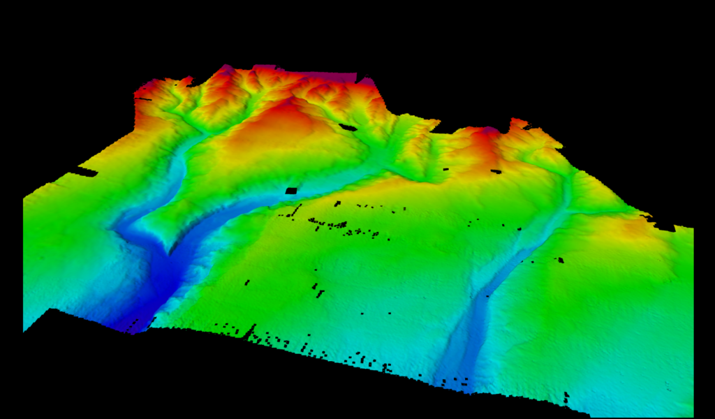 A colourful map showing features on the seafloor.
