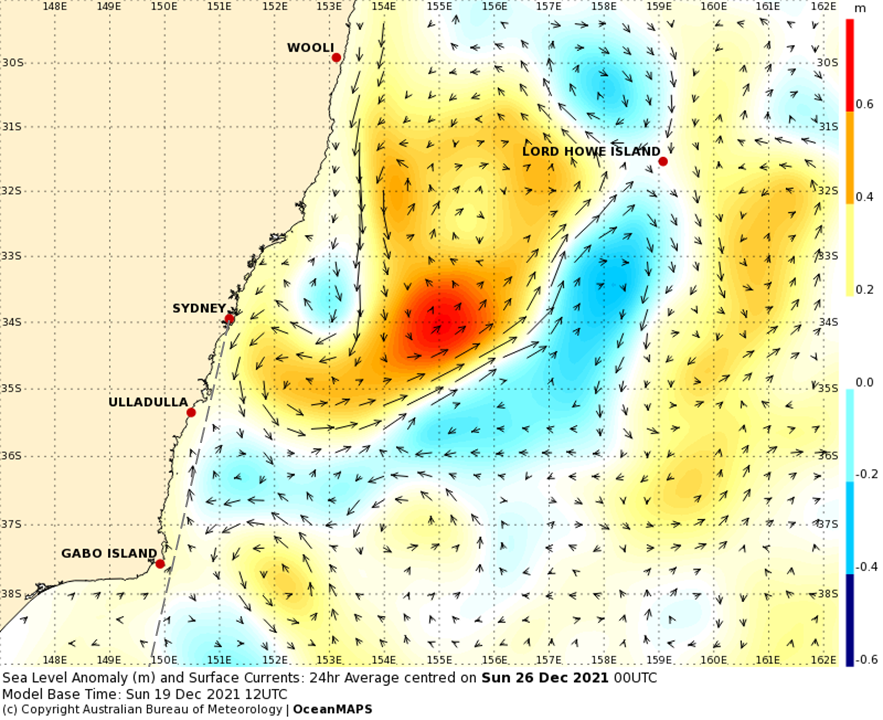 Map of ocean along Australian east coast from Wooli to Gabo Island. Parts of ocean are highlighted blue, yellow, orange and red to show sea level difference and arrows showing surface currents.