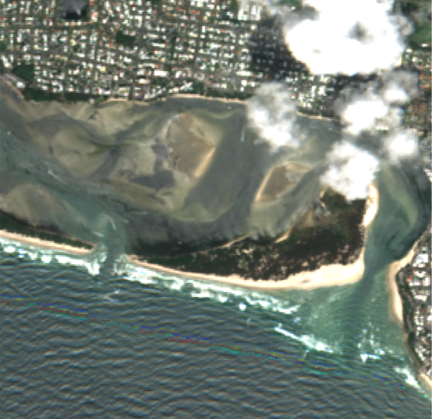 Satellite view of Bribie Island showing channel at the thinnest part of the island. 