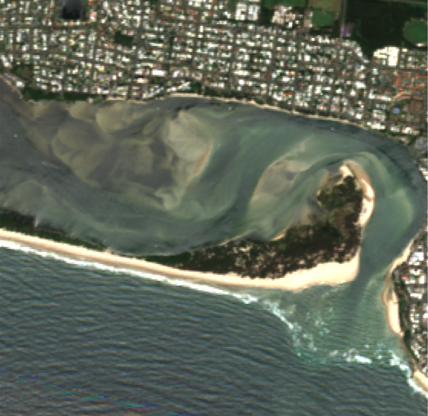 Satellite view of Bribie Island showing no channel at the thinnest part of the island. 