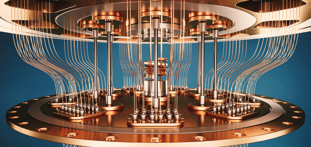 A computer generated image of a quantum computer. Bronze fibres connecting two bronze discs. 