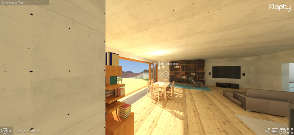 A 360-degree render of Liam's design. It shows light coming in through a wide window of a lounge room