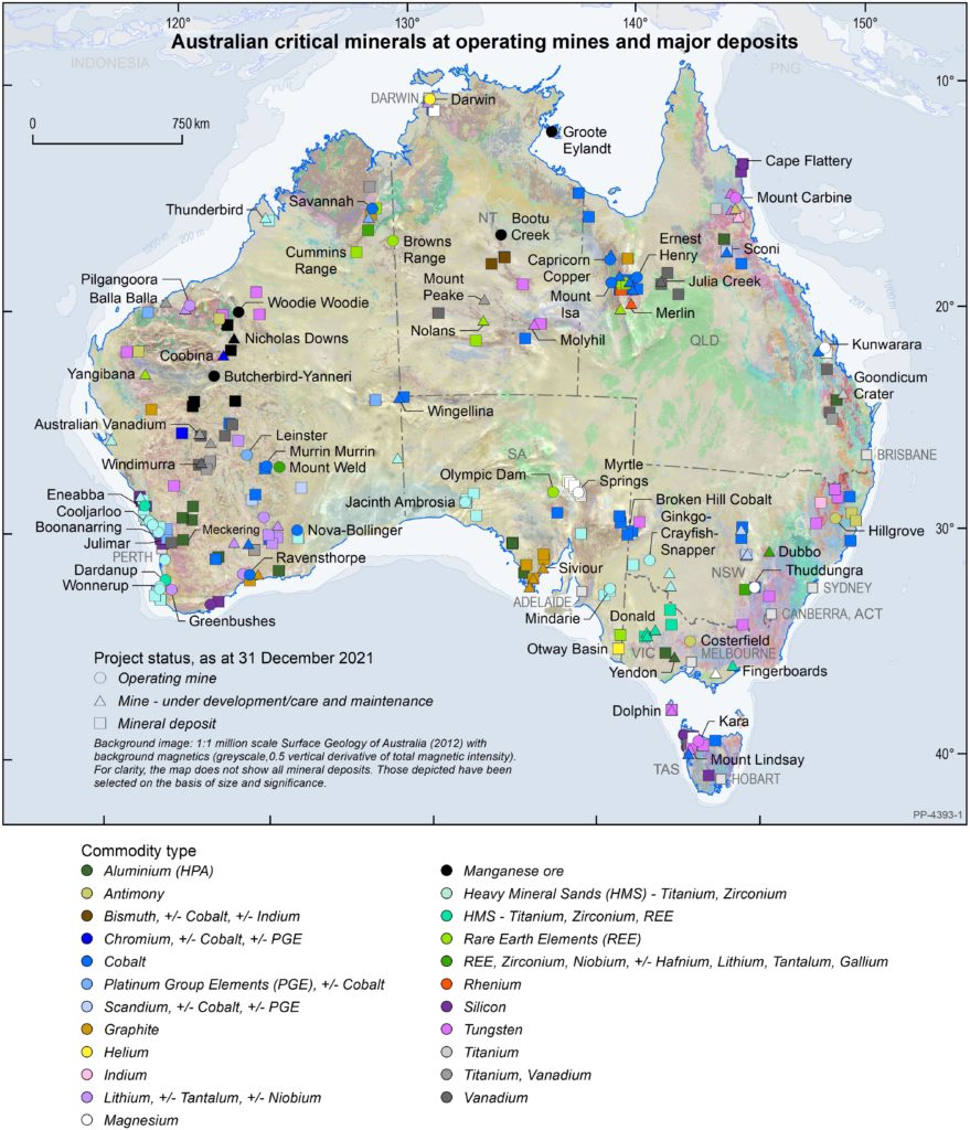 A map of Australia showing the different critical minerals