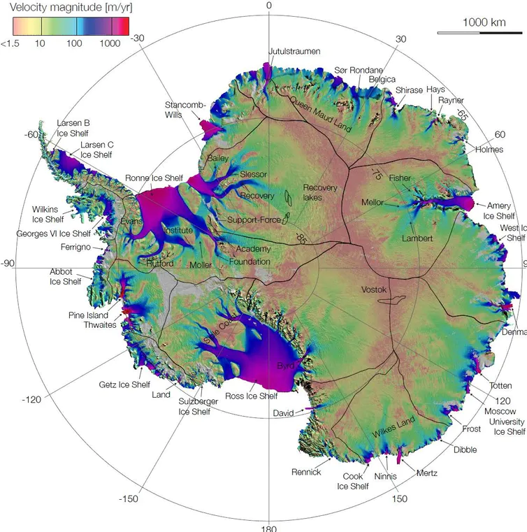 A map of Antarctica with a colour scale from light peach to dark red. Darker colours represent water velocity magnitude. There are darker colours around the Ice Shelfs bordering Antarctica. East Antarctic ice sheet.