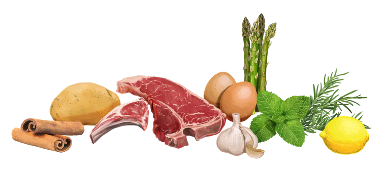 Various vegetables, meat and spices in a row. Left to right: Cinnamon, potato, raw steak, garlic, eggs, asparagus, mint, thyme and a lemon. 
