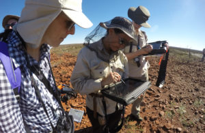 A team of geologists look for critical minerals in a hot, dry landscape. One wears a fly net over her hat. 
