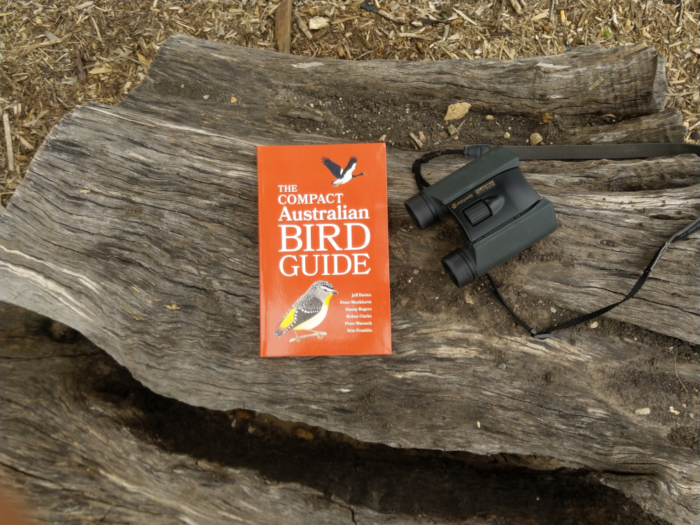 A copy of the Compact Australian Bird Guide book on a tree log with a pair on bionculars 