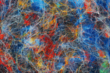 An abstract AI-generated artwork representing artificial intelligence and the impact it is having on creative industries, health, conservation, sports and space.