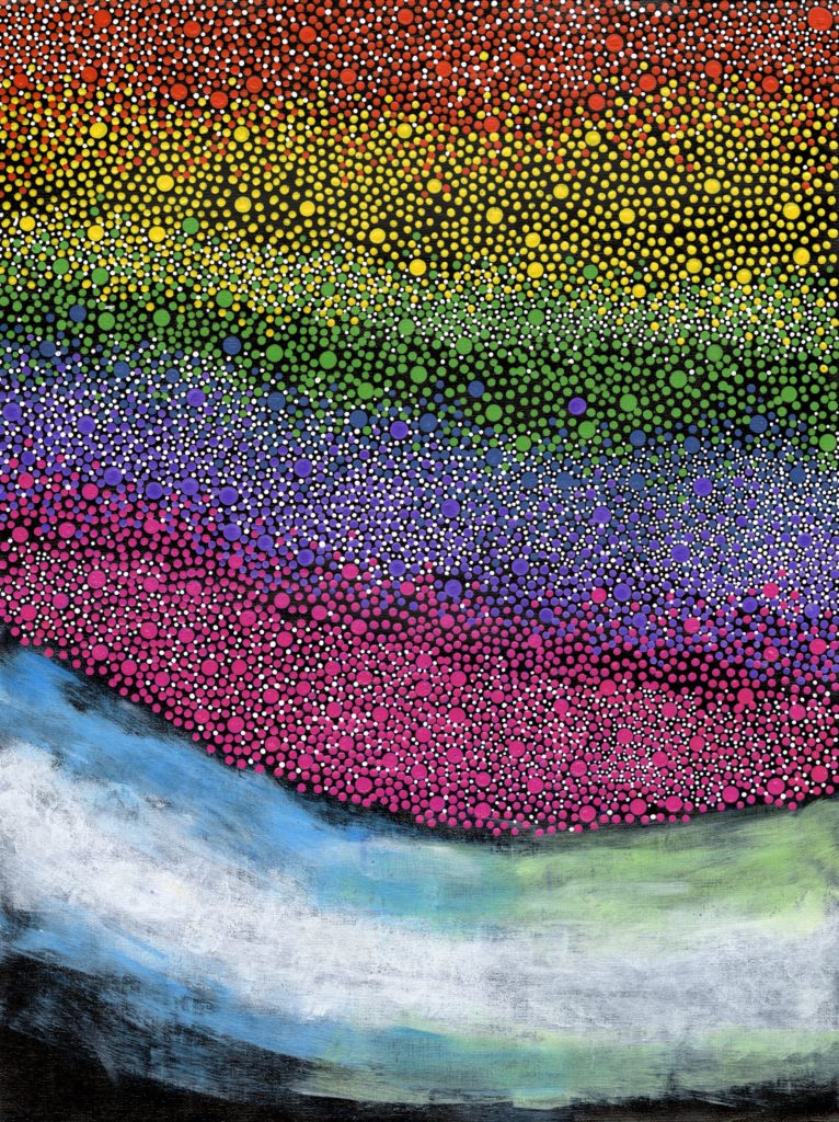 A painting of a dots layered in a rainbow with a sweep of light colour at the bottom.