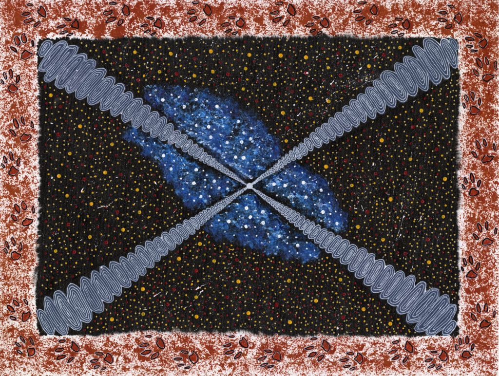 A painting of an energetic mass that is radiating energy in four directions, on an abstract starry background, surrounded in dingo paws.