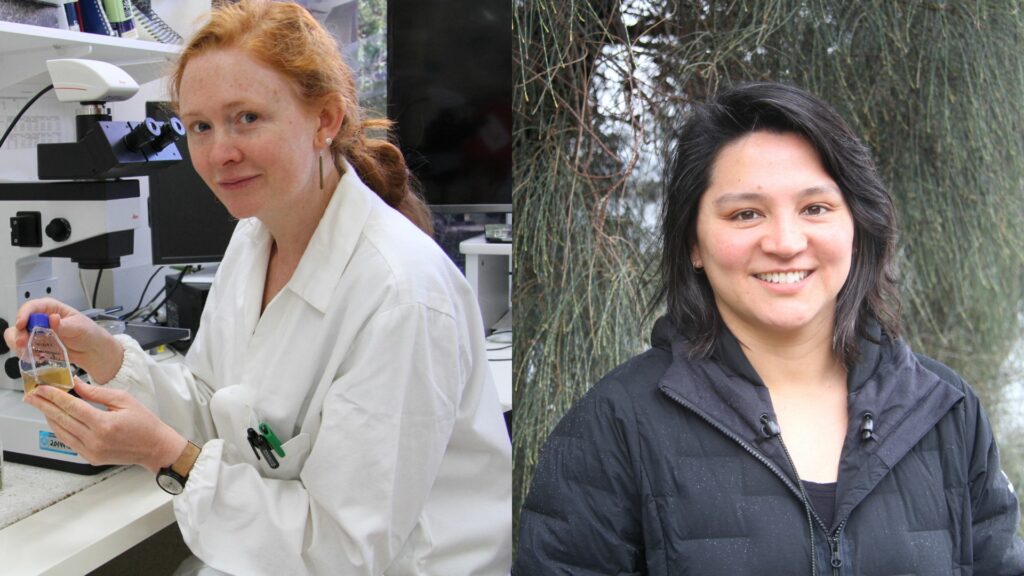 Pictures of two women side by side. The woman on the left is pictured in a lab and the woman on the right is outdoors in a winter jacket.
